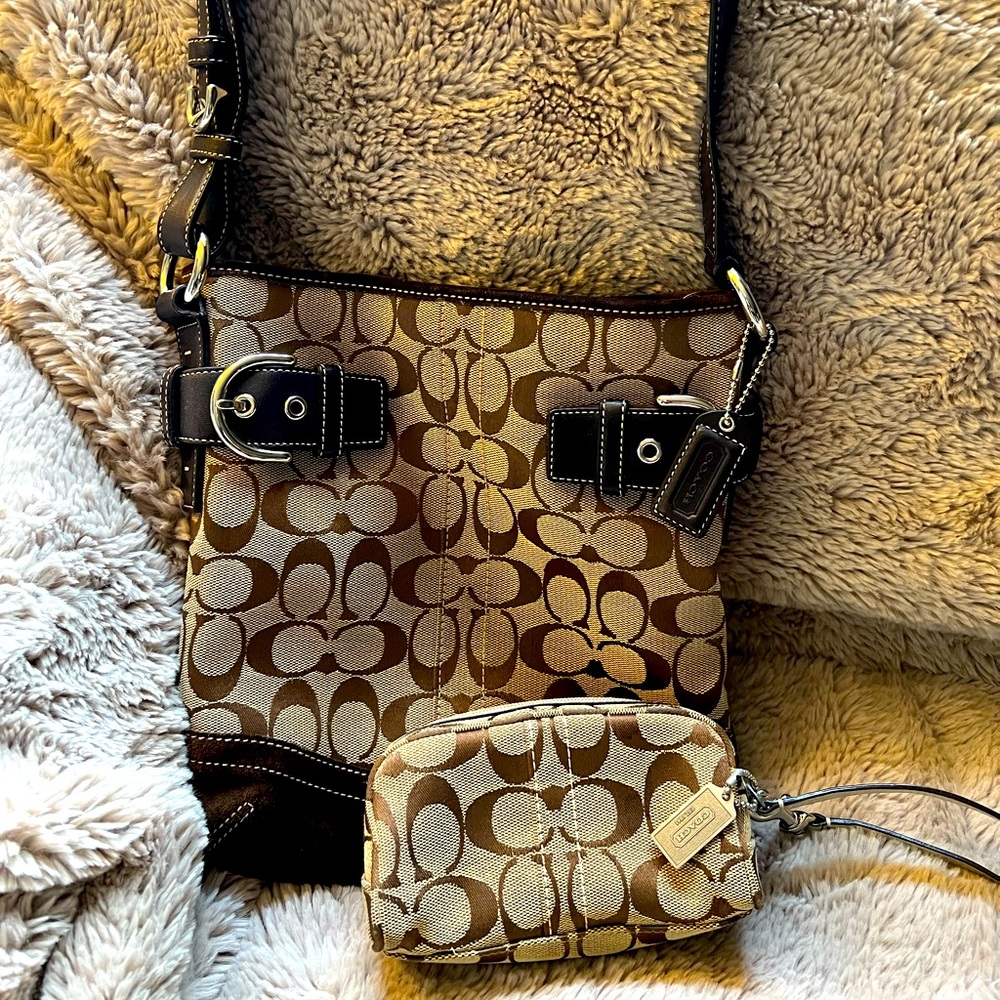 Brown Coach Shoulder Bag & Wristlet